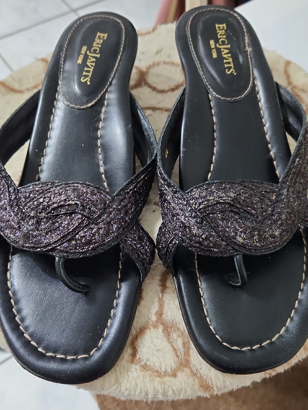 Eric Javits Black Braided Toe-Loop Sandals with Subtle Metallic Thread